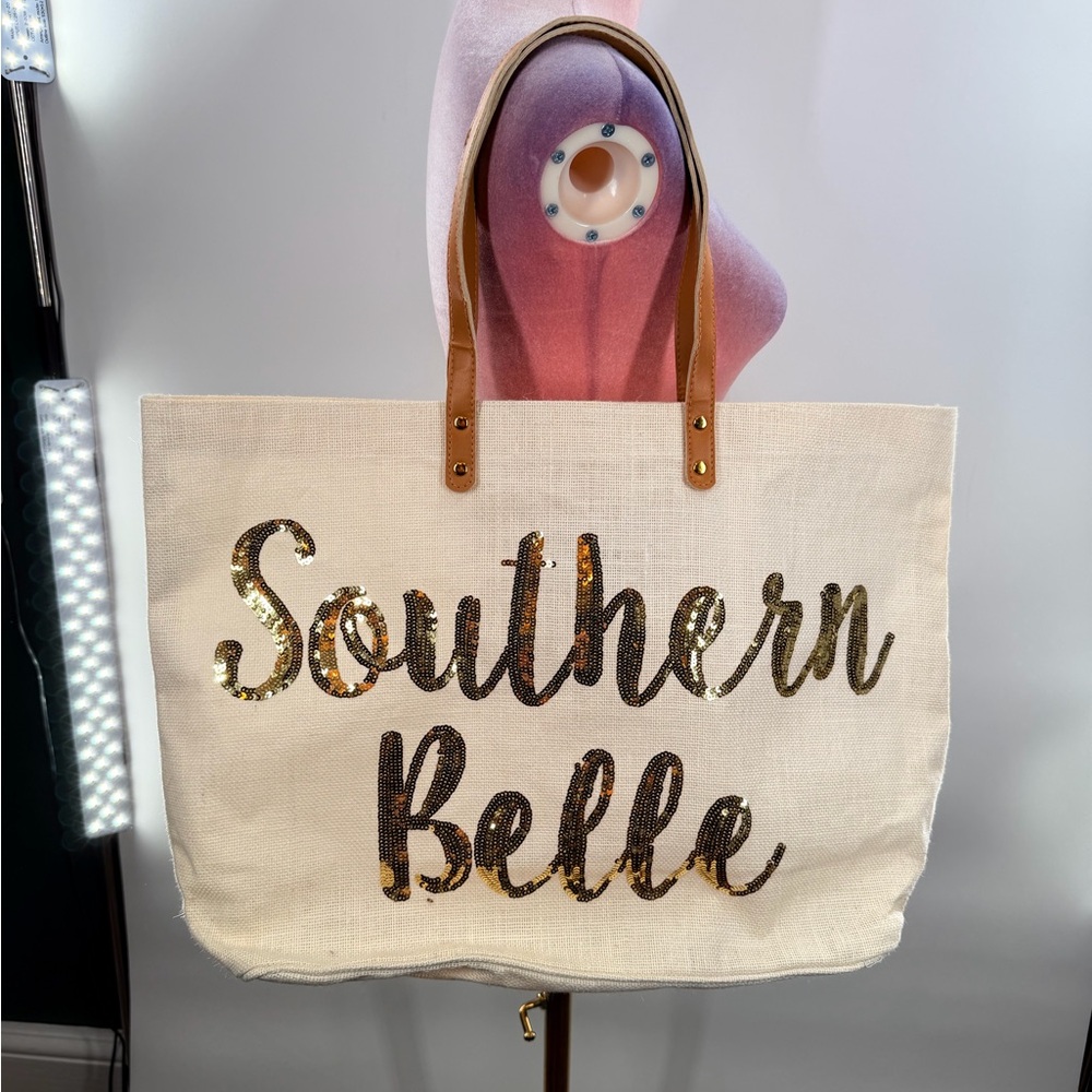 EUC Mud Pie Southern Belle Burlap Tote - Picture 3 of 7
